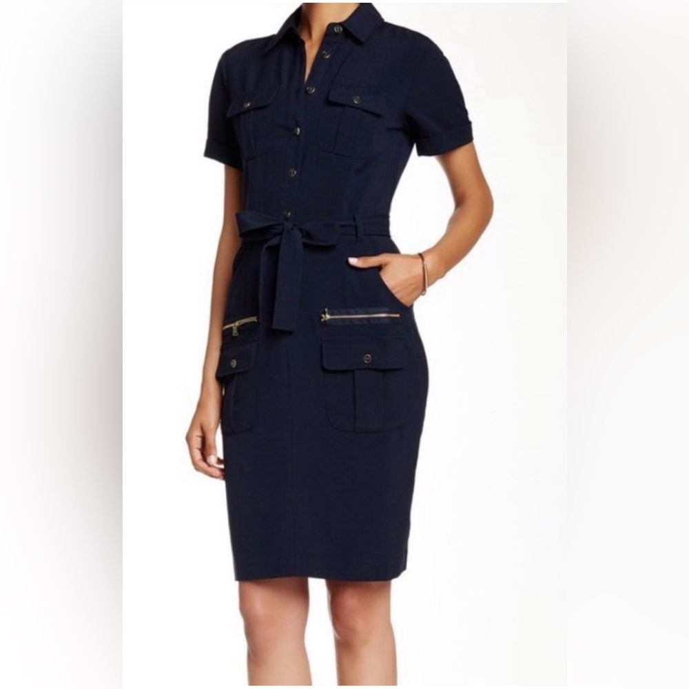 Zac & Rachel Navy Short-Sleeve Belted Utility Sheath Dress
